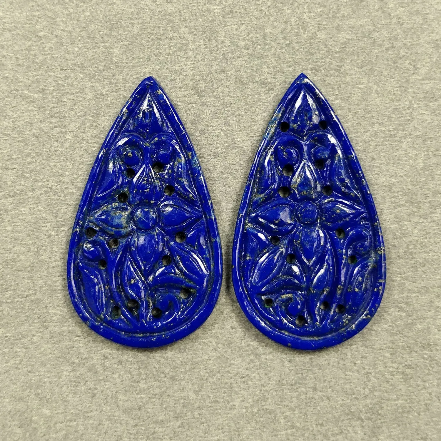 24.50cts Natural Untreated Blue LAPIS LAZULI Gemstone Hand Carved Pear Shape 34*20mm Pair For Earring