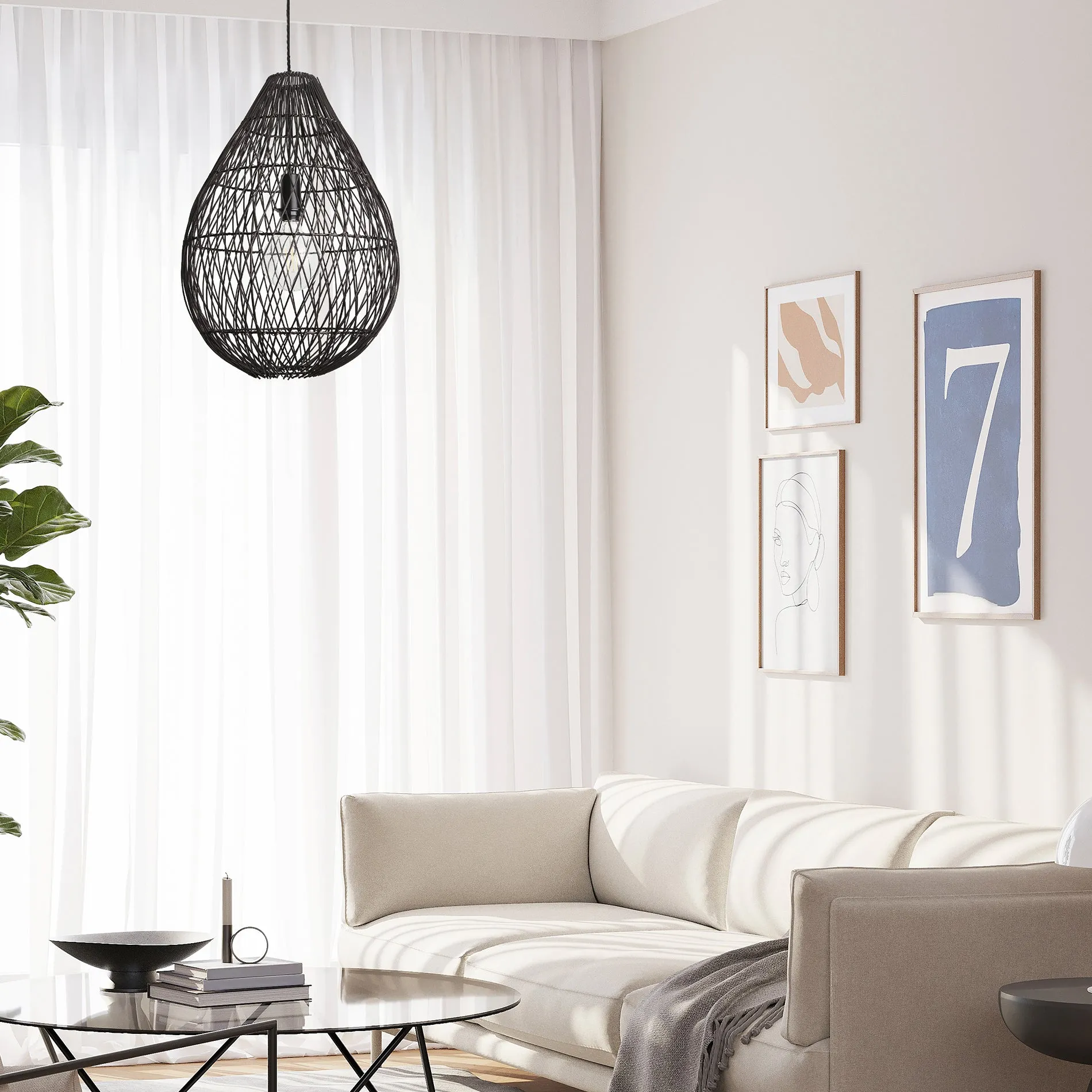 Coastal Rattan Ceiling Pendant Light - 16 inch - Drop - Black