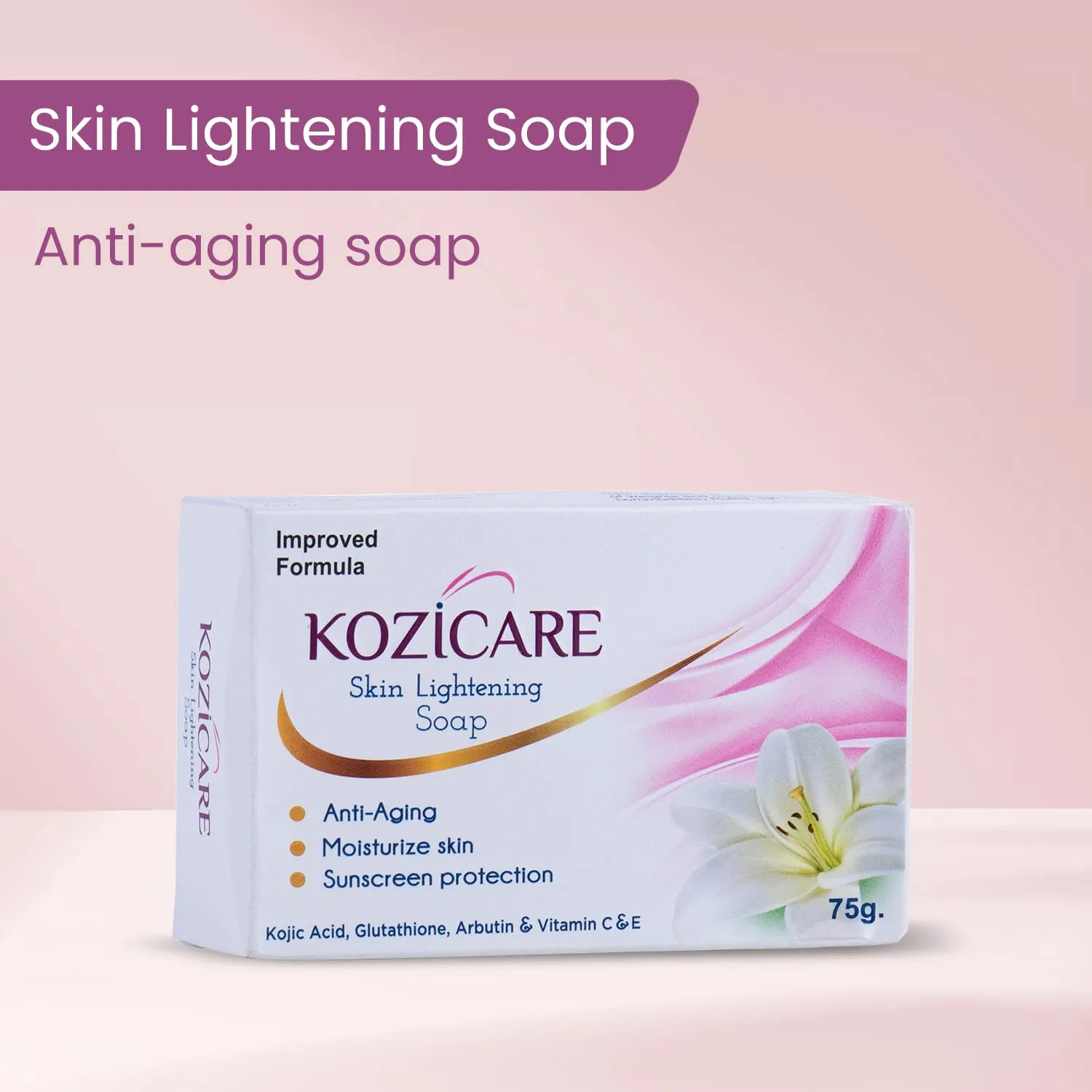 Kozicare Skin Lightening Soap | Enriched with Kojic Acid & Vitamin C Sabun Soap | Anti-Aging & Sun Protection | Glowing Skin | Moisturizing Bath Soap for Men & Women - 75 Gm
