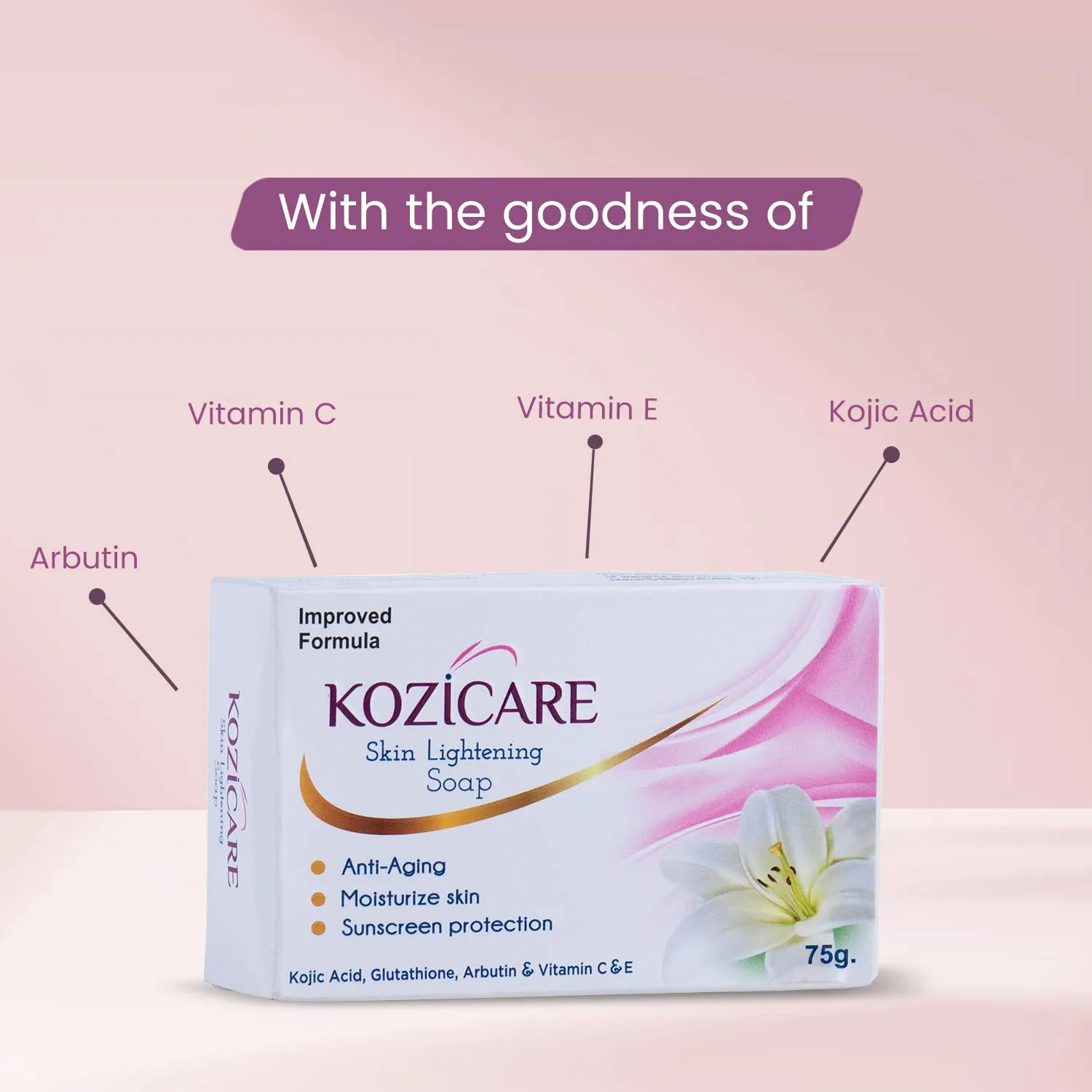 Kozicare Skin Lightening Soap | Enriched with Kojic Acid & Vitamin C Sabun Soap | Anti-Aging & Sun Protection | Glowing Skin | Moisturizing Bath Soap for Men & Women - 75 Gm
