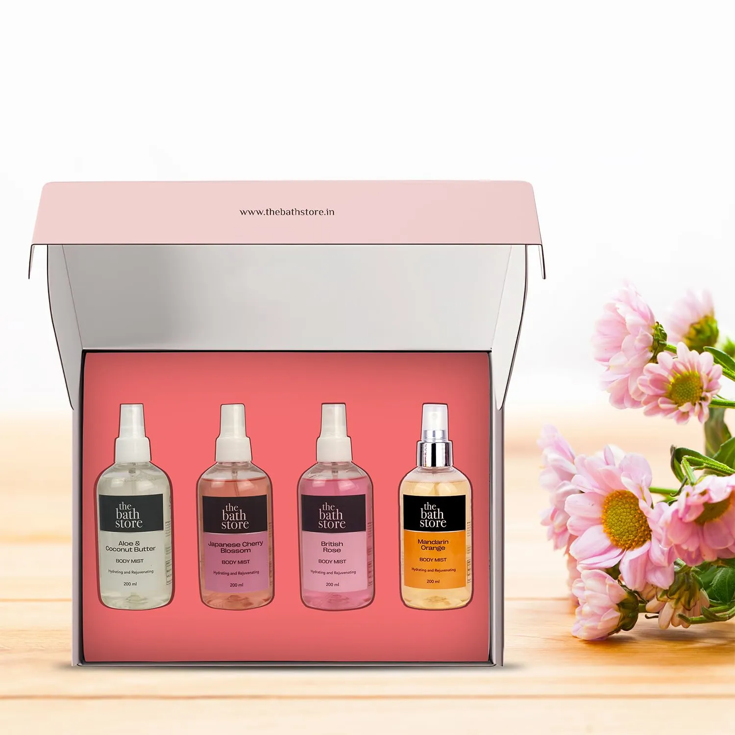 The Bath Store Body Mist 200ml (Pack of 4) Long Lasting Scent Spray Gift for Women & Men, Natural & Hydrating Body Spray, Luxury Floral & Oriental Fragrance | Premium Gift packaging 100% vegan